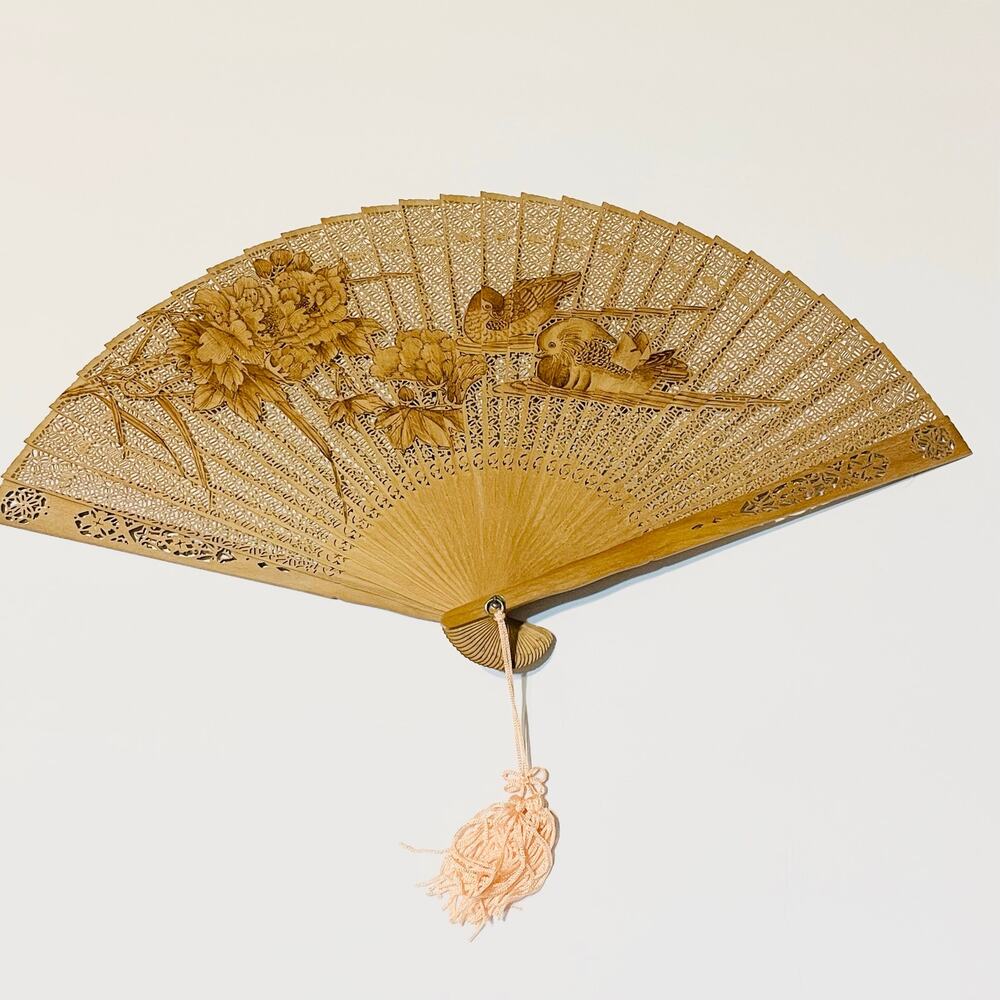Vintage Chinese Sandalwood Hand Fan in Brocade Box China Arts & Crafts Hong Kong
